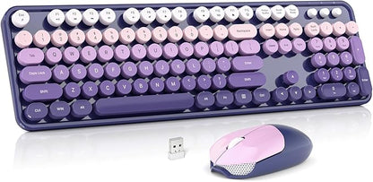 Wireless Keyboard and Mouse Combo, MOWUX Full Size Typewriter Retro Round Computer Keyboard, Cute Optical Mouse Wireless, Plug and Play, for Laptop, PC, Computer- Purple Gradient