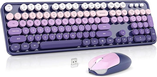 Wireless Keyboard and Mouse Combo, MOWUX Full Size Typewriter Retro Round Computer Keyboard, Cute Optical Mouse Wireless, Plug and Play, for Laptop, PC, Computer- Purple Gradient