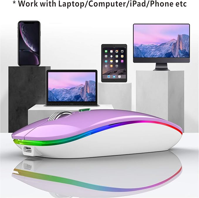 TENMOS Wireless Bluetooth Mouse, LED Slim (Bluetooth 5.1 + USB) 2.4GHz Rechargeable Silent Bluetooth Wireless Mouse with Type C Adapter for Laptop/MacBook/iPad OS 13 and Above (Purple)