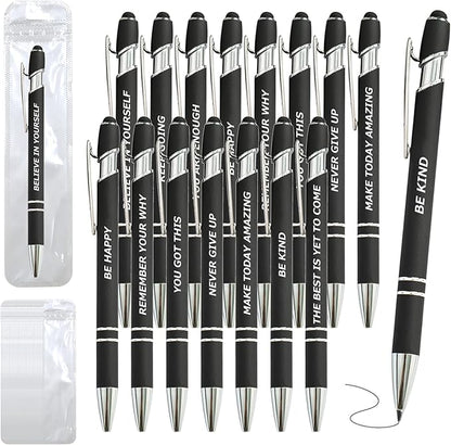 20 Piece Inspirational Pens Kit with Stylus Tip & Sayings – 10 Motivational Pen + 10 Individual Bags – Uplifting Quote & Positive Ideas – For Teachers, Office, School, Meetings, Team Events(Black)