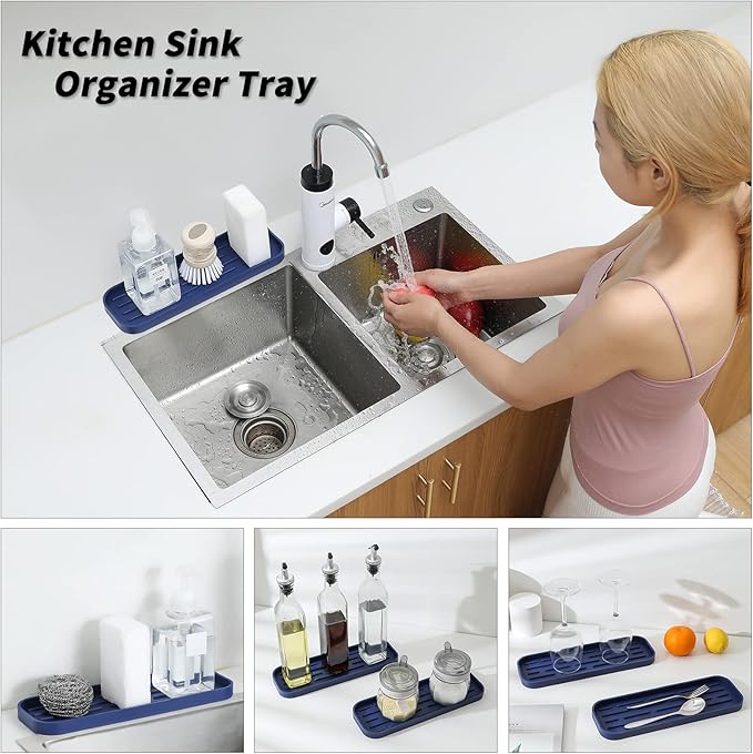 Silicone Kitchen Sink Organizer Tray for Multiple Usage,Eco-Friendly Sponges Holder for Kitchen Bathroom Counter or Sink,Dish Soap Dispenser,Scrubber,Bottle,Cup (Navy Blue, 12"×4")