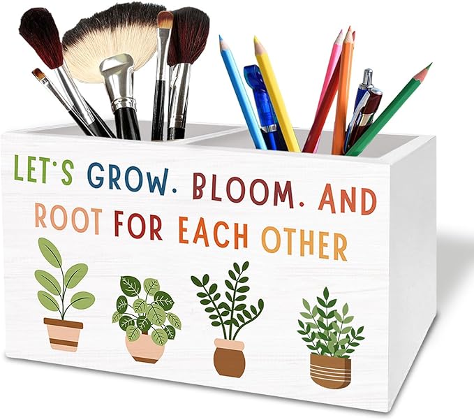 Boho Classroom Decor, Let's Root for Each Other Inspirational Pen Holder for Desk, Positive Botanical Wooden Box Sign Desk Decor for Office Home Decoration, Motivational Pencil Organizer