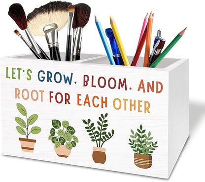 Boho Classroom Decor, Let's Root for Each Other Inspirational Pen Holder for Desk, Positive Botanical Wooden Box Sign Desk Decor for Office Home Decoration, Motivational Pencil Organizer