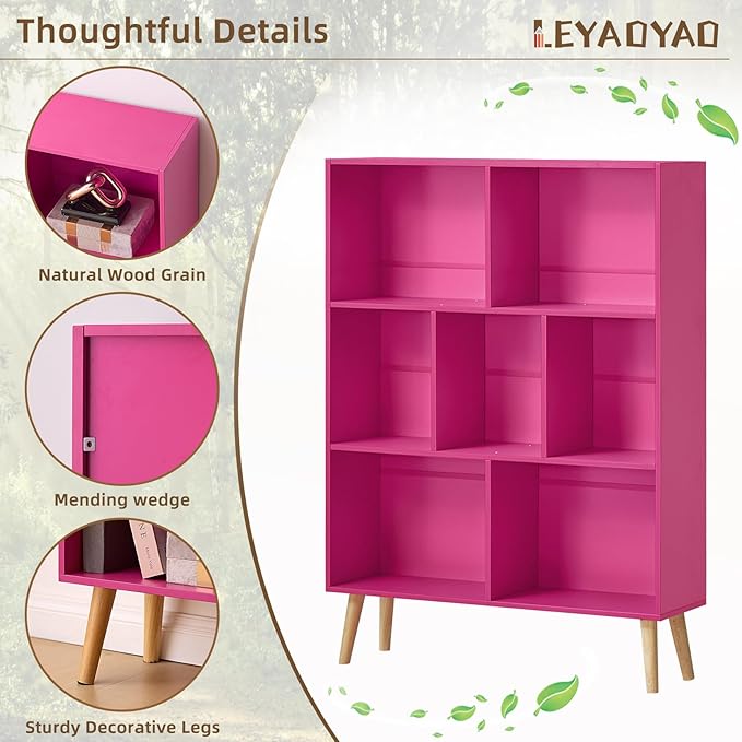 LEYAOYAO 7 Cube Bookshelf,3 Tier Book Shelf with Legs,Pink Modern Bookshelf,Large Freestanding Open Toy Modern Bookshelves,Display Bookcases Decor Furniture for Nursery
