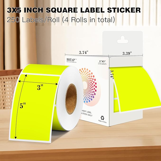 3x5 Inch Home Moving Labels 4 Rolls 1000 Stickers, Large Packing Box Labels Rectangular Colored Inventory Stickers for Moving Supplies Color Coded (Fluorescent Yellow)