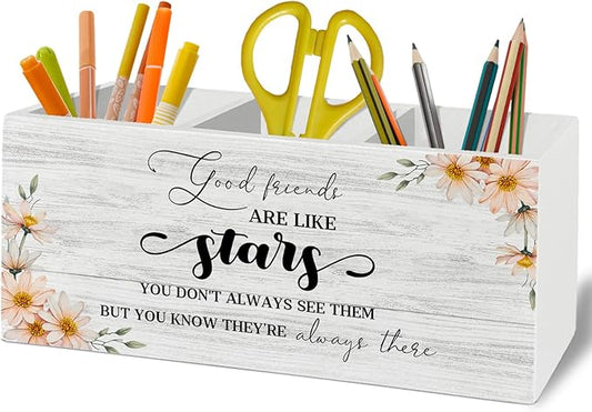 Good Friends Are Like Stars Pen Pencil Holder Organizer for Desk Accessories, Good Friends Gifts Wooden Box Sign Desk Decor for Home Office Decoration, BFF Bestie Gifts for Women