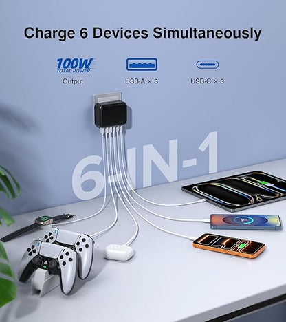 Fast Charger Block, GaN 6 Port USB C Charging Station Hub Cube, 100W Multiport Type C Wall Charger Power Strip Plug with PD 3.0+QC for iPhone 13 14 15 16 17 Pro Max XR XS 8 7, Samsung, iPad, Table