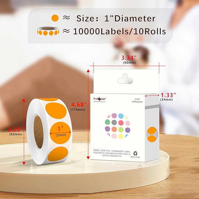 PARLAIM 1 Inch Round Color-Code Dot Stickers,10000per/10 Rolls dots Label Dispenser Box, Orange Circle Stickers Label for Office Home (Orange)
