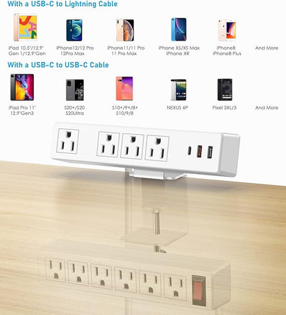Dual Layer Desk Clamp Power Strip, 20W Desktop Edge Mount Charging Station with 10 Outlets 3 USB Ports, Under Desk Surge Protector, 3 Ft Extension Cord for Office Home