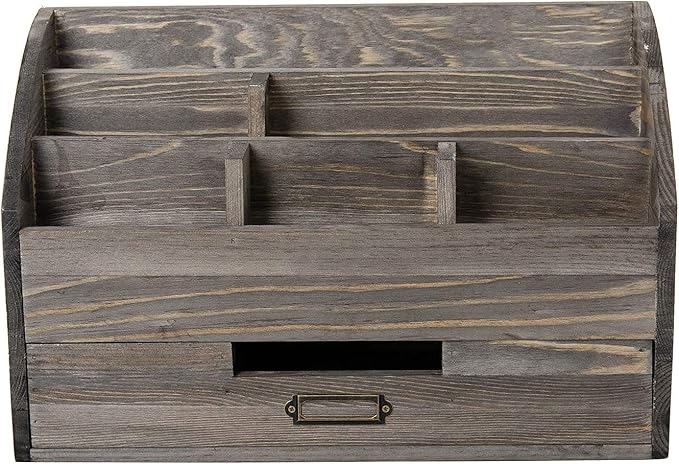VERGOODR Rustic Wood Desk Organizer and Storage with Drawer and Pen Holder Bill Mail Organizer and Mail Holder for Countertop Kitchen Desk Decorative & Workspace Organizers(Rock Grey)