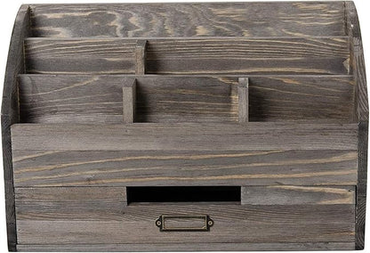 VERGOODR Rustic Wood Desk Organizer and Storage with Drawer and Pen Holder Bill Mail Organizer and Mail Holder for Countertop Kitchen Desk Decorative & Workspace Organizers(Rock Grey)