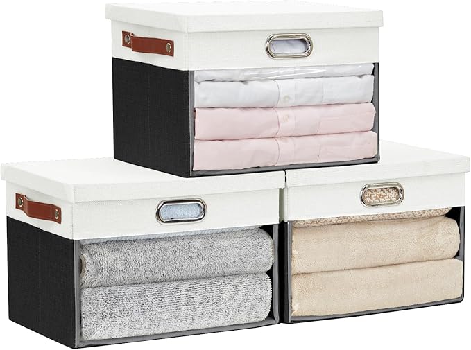 Fabric Clear Window Storage Bins with Lid, Closet Storage Box Linen Closet Baskets with 3 Handles for Organizing Clothing, Jeans, Shelves 15''- 3 Pack (Black and White)