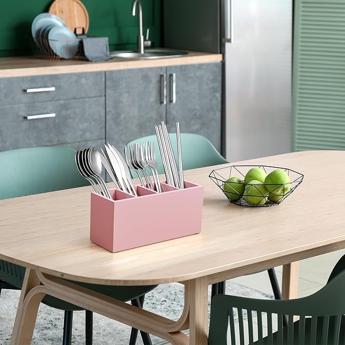 Bivvclaz Pencil Pen Holder for Desk, Wooden Office Desk Organizers and Accessories with 4 Slots for Countertop, Makeup Brush Holder Organizer for Bathroom Vanity, Silverware Caddy for Party, Pink