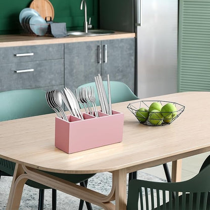 Bivvclaz Pencil Pen Holder for Desk, Wooden Office Desk Organizers and Accessories with 4 Slots for Countertop, Makeup Brush Holder Organizer for Bathroom Vanity, Silverware Caddy for Party, Pink