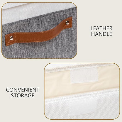 Yawinhe Storage Boxes with Lids, Linen Fabric Bin, Cube Organizer Basket, Washable and Leather Handle, for Home, Closet, White/Grey, 15.0''Lx9.8''Wx9.8''H, 5-Pack, USNK024WGL-5