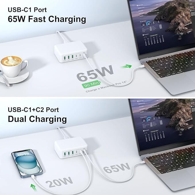 150W USB C Mac Book Pro Charger,6 Port Type C Charging Station PD Hub Brick USB A QC Wall Chargers Power Adapter Desk Plug Cube for iPhone 16 15 ProMax/AirPods4 65W Laptop Charger for MacBook Air Pro