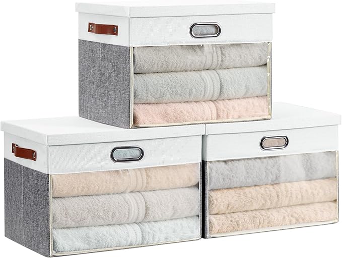 Fabric Clear Window Storage Bins with Lid, Closet Storage Box Linen Closet Baskets with 3 Handles for Organizing Clothing, Jeans, Shelves 17''- 3 Pack (Gray and White)