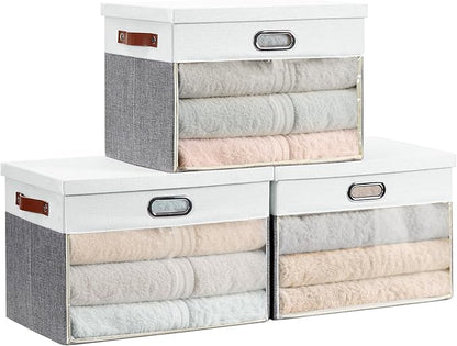 Fabric Clear Window Storage Bins with Lid, Closet Storage Box Linen Closet Baskets with 3 Handles for Organizing Clothing, Jeans, Shelves 17''- 3 Pack (Gray and White)