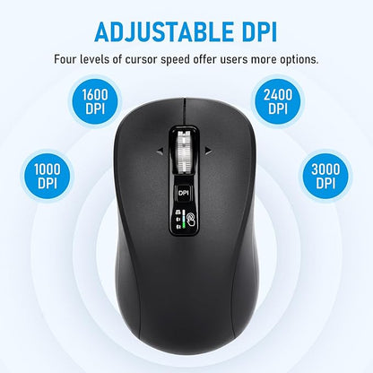 Wireless Mouse with 2 Bluetooth and 1 USB, 4-Way Scrolling, Full Size Mouse, Silent, Long Battery Life, Adjustable Cursor Speed, for Computer, Laptop, Tablets, iPad, Desktop, MacBook (No Side buttons)