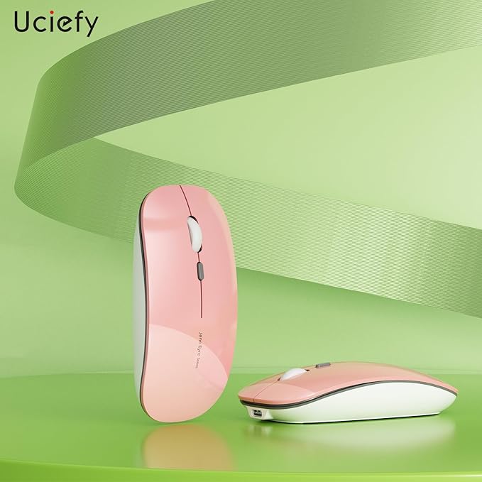 Uciefy Q5 Slim Rechargeable Wireless Mouse, 2.4G Portable Optical Silent Ultra Thin Wireless Computer Mouse with USB Receiver and Type C Adapter, Compatible with PC, Laptop, Desktop (Pink)