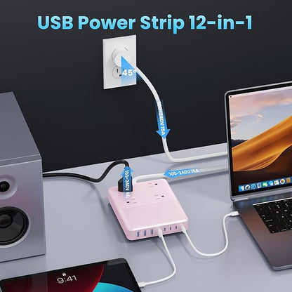 12-in-1 Charging Station USB C Power Strip with 5ft Cord,200W GaN IV USB C Charger Block,4 AC Outlets,4 USB-A,4 USB-C for MacBook,iPhone 16/15/14,Fast Charging Desktop Charger for Office (Pink)