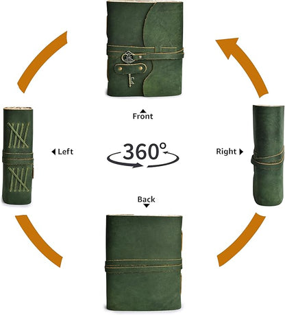 LEATHER VILLAGE Vintage Leather Journal – 200 Handmade Vintage Deckle Edge Paper – Leather bound Journal For Women Men – Vintage Key Closure - Book of Shadows - Green - 10X7 inches