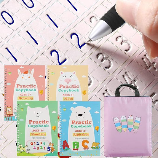 Upgraded Large Size Magic Practice Copybook for Kids, Reusable Writing Practice Book, Preschool Copybook (4 Books with Pens) - Pink Bag