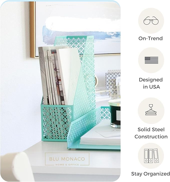 BLU MONACO Aqua - Teal 6 Piece Cute Desk Organizer Set - Desk Organizers and Accessories for Women - Cute Office Desk Accessories - Desktop Organization