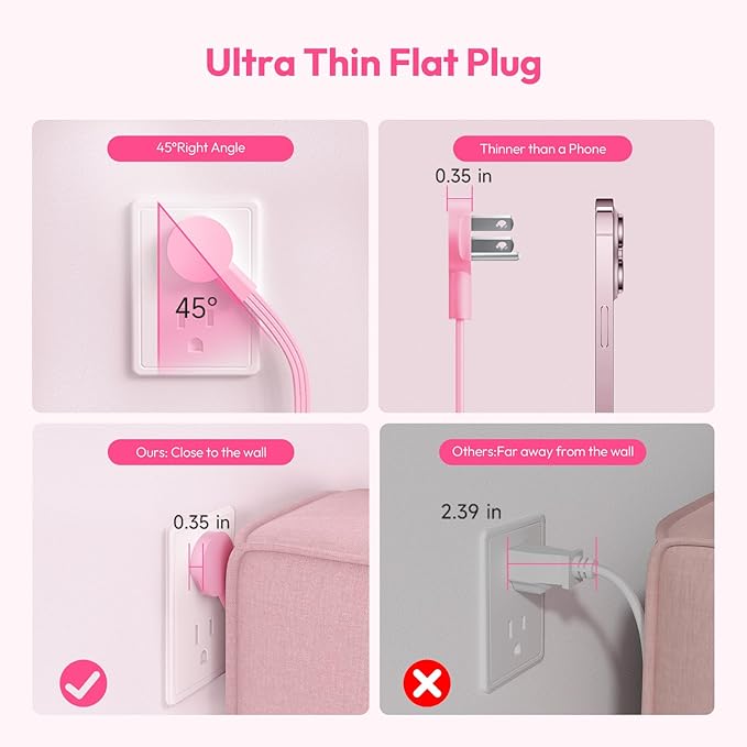 Pink Power Strip, NTONPOWER Surge Protector Power Strip, Cute Pink Extension Cord 5FT, 9 Outlets 3 USB (1 USB C), Mounted, 1080J, Multiple Outlets for Home Office, Kawaii, Desk Accessories, Women