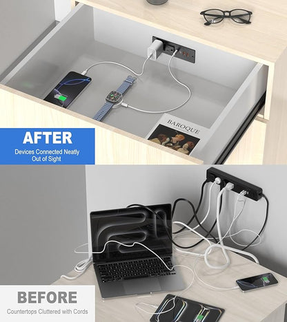 Drawer Outlet, Furniture Recessed Power Strip with 4 PD 30W USB Ports & 2 AC Outlets, Recessed Outlet for Conference Rooms, Office Tables, Furniture, 10FT Spring Cord (ETL Listed)