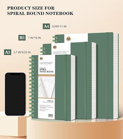 Spiral Notebook Journal College Ruled 8.5''x 11'', 360 Pages Lined Thick Journals for Women Men, A4 Large Spiral Notebooks with 100GSM Paper, Spiral Journaling for Writing Work, School Green