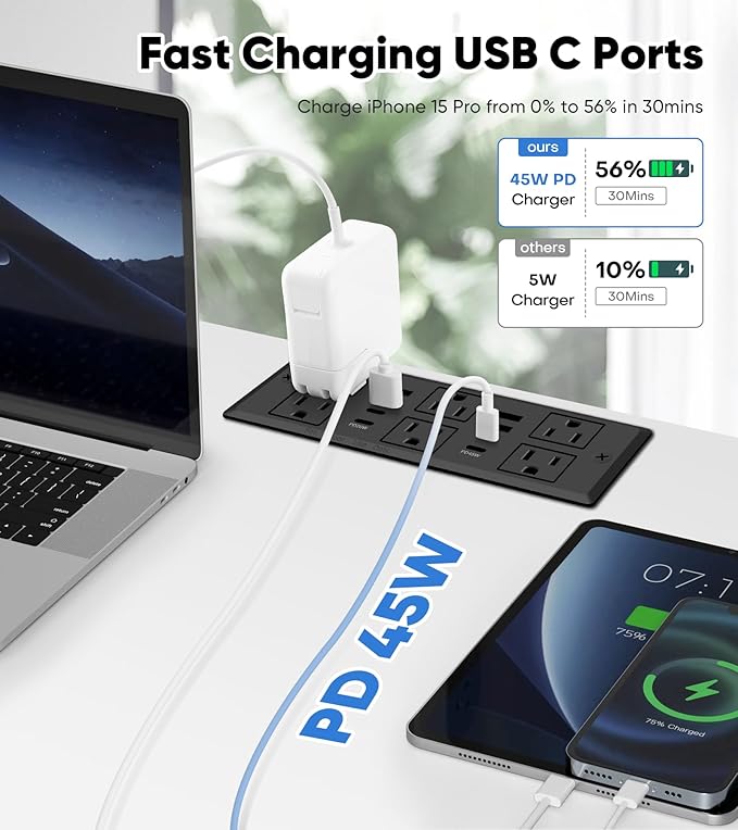 Recessed Power Strip with 45W USB C, Furniture Desk Flush Mount Outlet, Ultra Thin Flat Plug Power Strip, 6 Outlets & 8 USB Ports, 10FT Cord (Black)