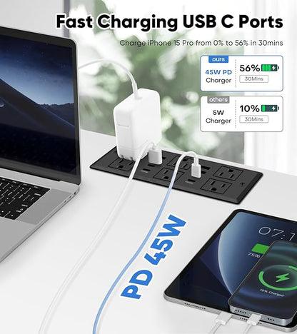 Recessed Power Strip with 45W USB C, Furniture Desk Flush Mount Outlet, Ultra Thin Flat Plug Power Strip, 6 Outlets & 8 USB Ports, 10FT Cord (Black)