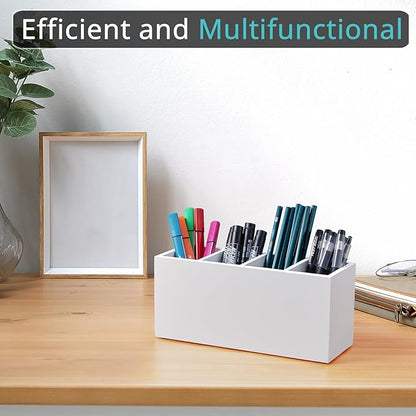 Bivvclaz Pencil Pen Holder for Desk, Wooden Office Desk Organizers and Accessories with 4 Slots for Countertop, Makeup Brush Holder Organizer for Bathroom Vanity, Silverware Caddy for Party, White