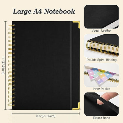 Bullet Dotted Journal Spiral Notebook, 300 Pages Leather Notebooks with Contens, 120 GSM Thick No Bleed Through Paper Journals, A4 Large Dot Grid Notebook for Women Men Work Writing, 8.5" x 11", Black
