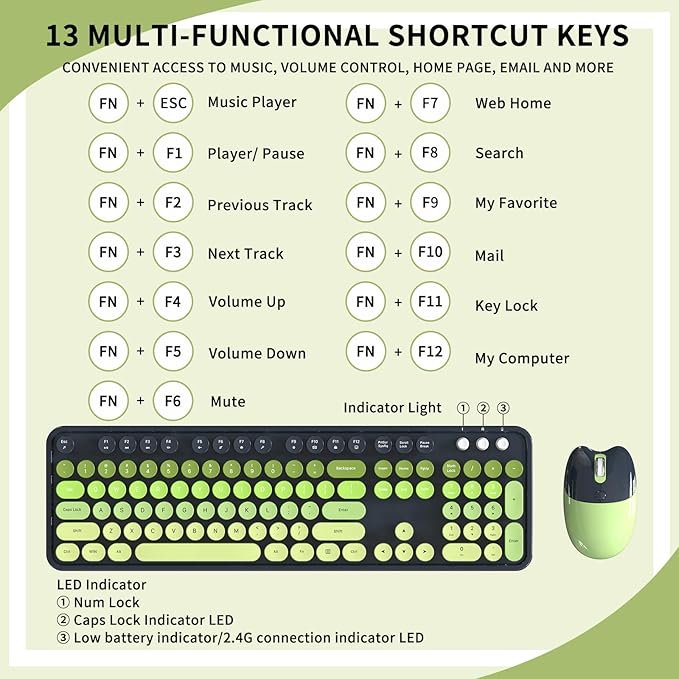 Wireless Keyboard and Mouse, MOFII 104 Round Keycaps Retro Typewriter with OTG & Brush, Full-Size Ergonomic, Ideal for Windows PC, Home, Office and College Gray Green