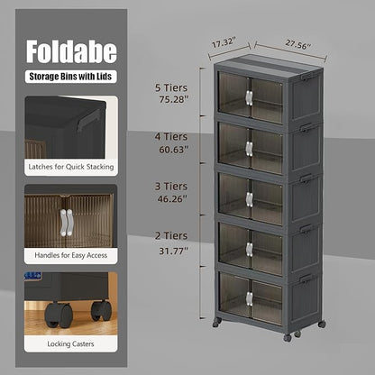 Stackable Storage Bins,164GAL Foldable Cabinet Storage Bins with Lid and Door, Collapsible Plastic Closet Organizers, Folding Multi-Use Containers for Home, Pantry, Office (L, Gray 5-Tier)