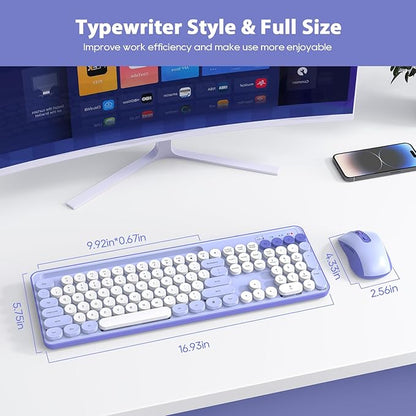 Wireless Keyboard and Mouse Combo, Retro Round Keycaps, Cute Full-Size Typewriter Keyboard with Phone Holder, Sleep Mode, Click Soft, 2.4GHz Cordless Connection for Windows/PC/Laptop