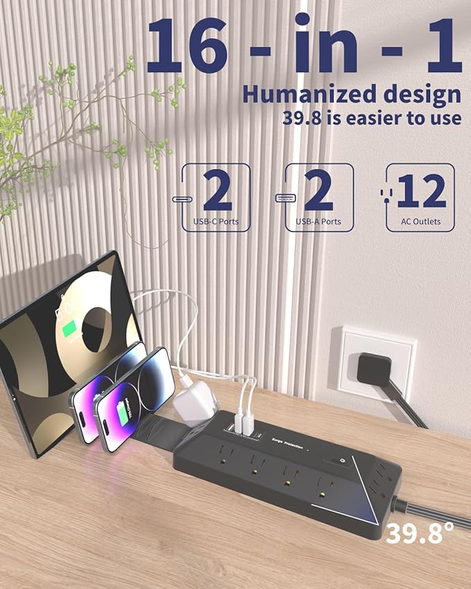16 in 1 Surge Protector Power Strip with 4 USB (2 USB C) and 12 AC Outlets Extender, 6 Ft Flat Plug Extension Cord, Cable Management Outlets for Home Office and Dorm Rooms (Black)