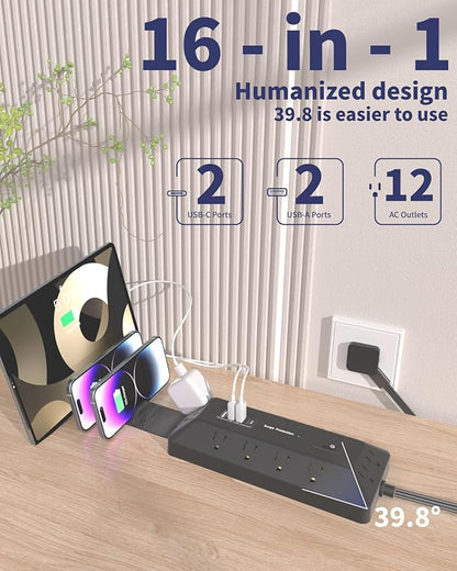 16 in 1 Surge Protector Power Strip with 4 USB (2 USB C) and 12 AC Outlets Extender, 6 Ft Flat Plug Extension Cord, Cable Management Outlets for Home Office and Dorm Rooms (Black)