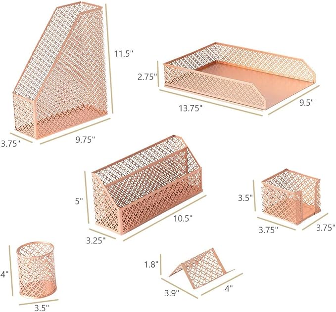 BLU MONACO Rose Gold Desk Organizer Set – 6-Piece Desk Accessories for Mail, Sticky Notes, Pens, Magazines & Documents