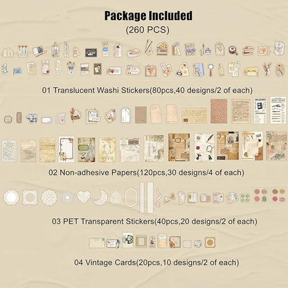 260PCS Vintage Journaling Scrapbooking Supplies Scrapbook Sticker Paper Ephemera Pack for Bullet Junk Journal Planners Collage Craft Notebooks Album (Pen Ink and Letter)