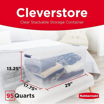 Rubbermaid Cleverstore 95 Qt Clear Storage Bins with Lids, 4-Pack, Stackable, BPA-Free, Made in USA