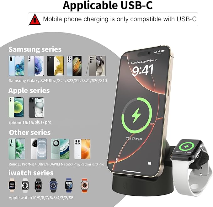 2 in 1 Charging Station for Apple Watch and Phone,USB-C Stand with Watch Charger,15W Fast Charging,Support Nightstand Mode,for Samsung/iPhone15/16/17,for iwatch 10/9/8/7/6/5/4/3/2/SE/Ultra/Ultra2