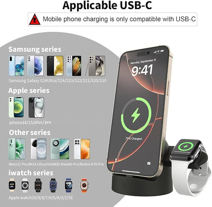 2 in 1 Charging Station for Apple Watch and Phone,USB-C Stand with Watch Charger,15W Fast Charging,Support Nightstand Mode,for Samsung/iPhone15/16/17,for iwatch 10/9/8/7/6/5/4/3/2/SE/Ultra/Ultra2