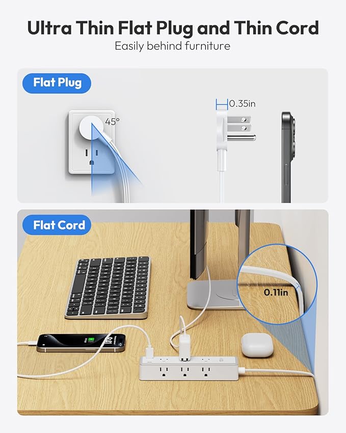 Surge Protector Power Strip 10 FT, Flat Extension Cord with 9 Widely Outlets 3 USB Ports(1 USB C), 1080J, Flat Plug, 3 Side Extension Cord with Multiple Outlets, Mounted, for Indoor Home Office, White