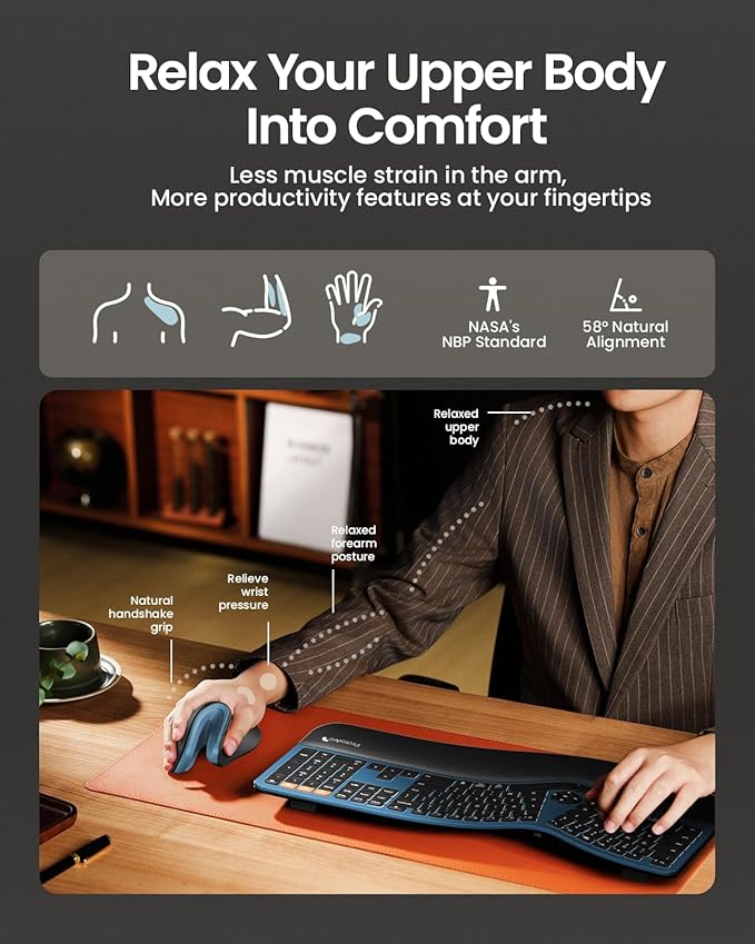 ProtoArc Ergonomic Mouse, EM11 NL Wireless Vertical Mouse, Ergo Mouse with Multi-Device, USB-C Rechargeable Mice for Windows, Mac OS, PC/Notebook/Laptop,Blue