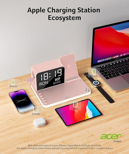 Acer 7-in-1 Wireless Charging Station with LED Clock - 30W Fast Wireless Charger for iPhone 16/15/14/13/12/Pro Max, Apple Watch, AirPods - Bluetooth Auto Time Sync & Night Lights (Pink)