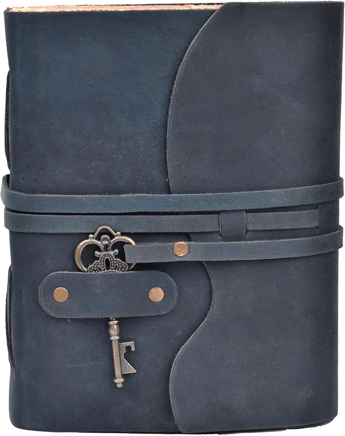 LEATHER VILLAGE Vintage Leather Journal – 200 Handmade Vintage Deckle Edge Paper – Leather bound Journal For Women Men – Vintage Key Closure - Book of Shadows - Blue - 10X7 inches