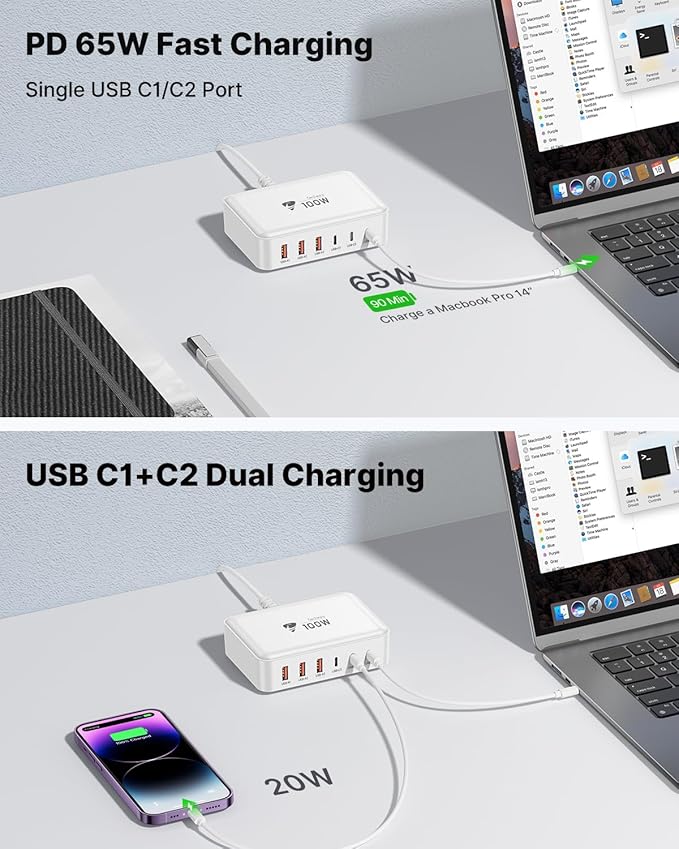 Aiminu 100W USB C Charging Station, 6-Port PD 65W Max Fast Charger, GaN Desktop Charger with 3 USB-C (65W/20W) & 3 USB-A (15W), for MacBook, Dell, iPad, iPhone 17/16/15, Galaxy S25/S24, Pixel 10/9